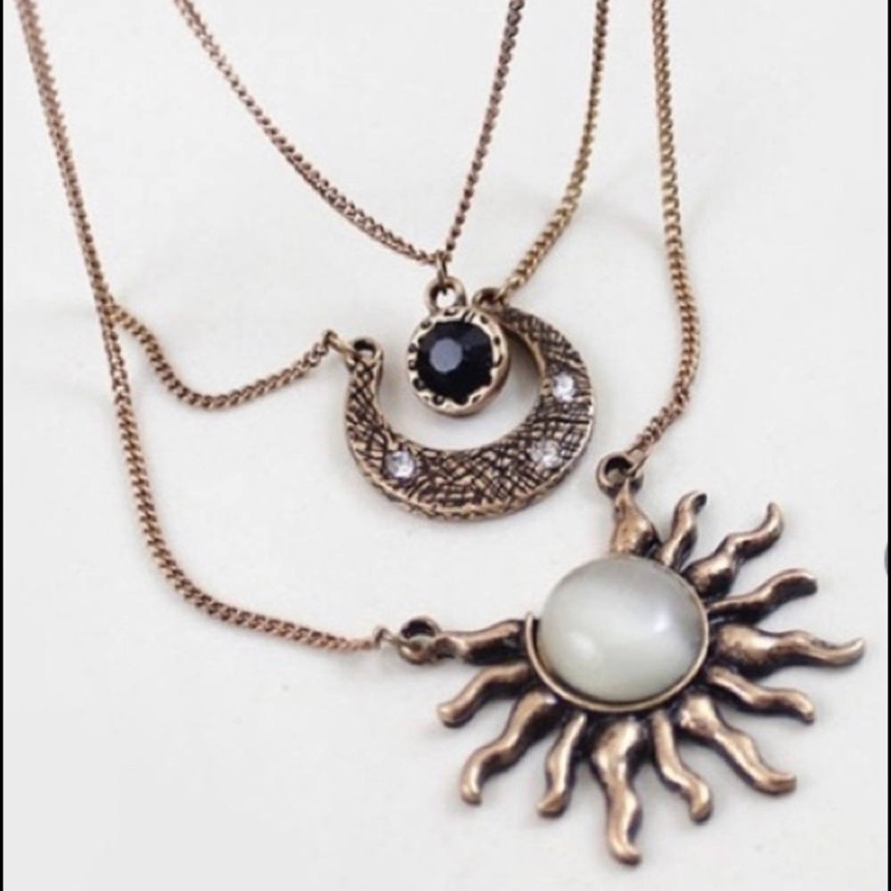 NWT! Dark Gold 3 layered sun & moon necklace